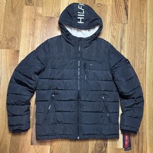 Tommy Hilfiger Men's Medium Puffer Jacket Black Hooded Warm Like Down Coat NWT
